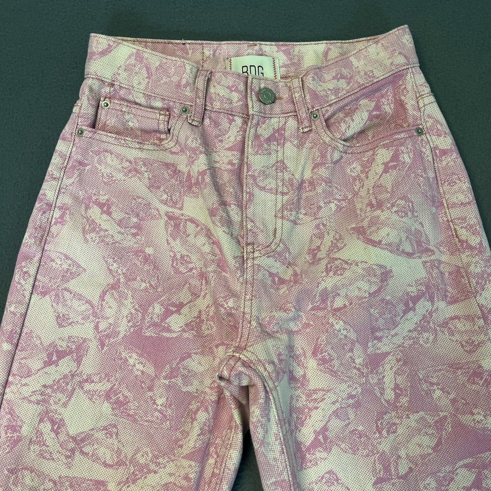 BDG Womens 25 Cowboy Jeans Pink Diamond Print Urban Outfitters Raw Hem Cotton - Picture 2 of 10